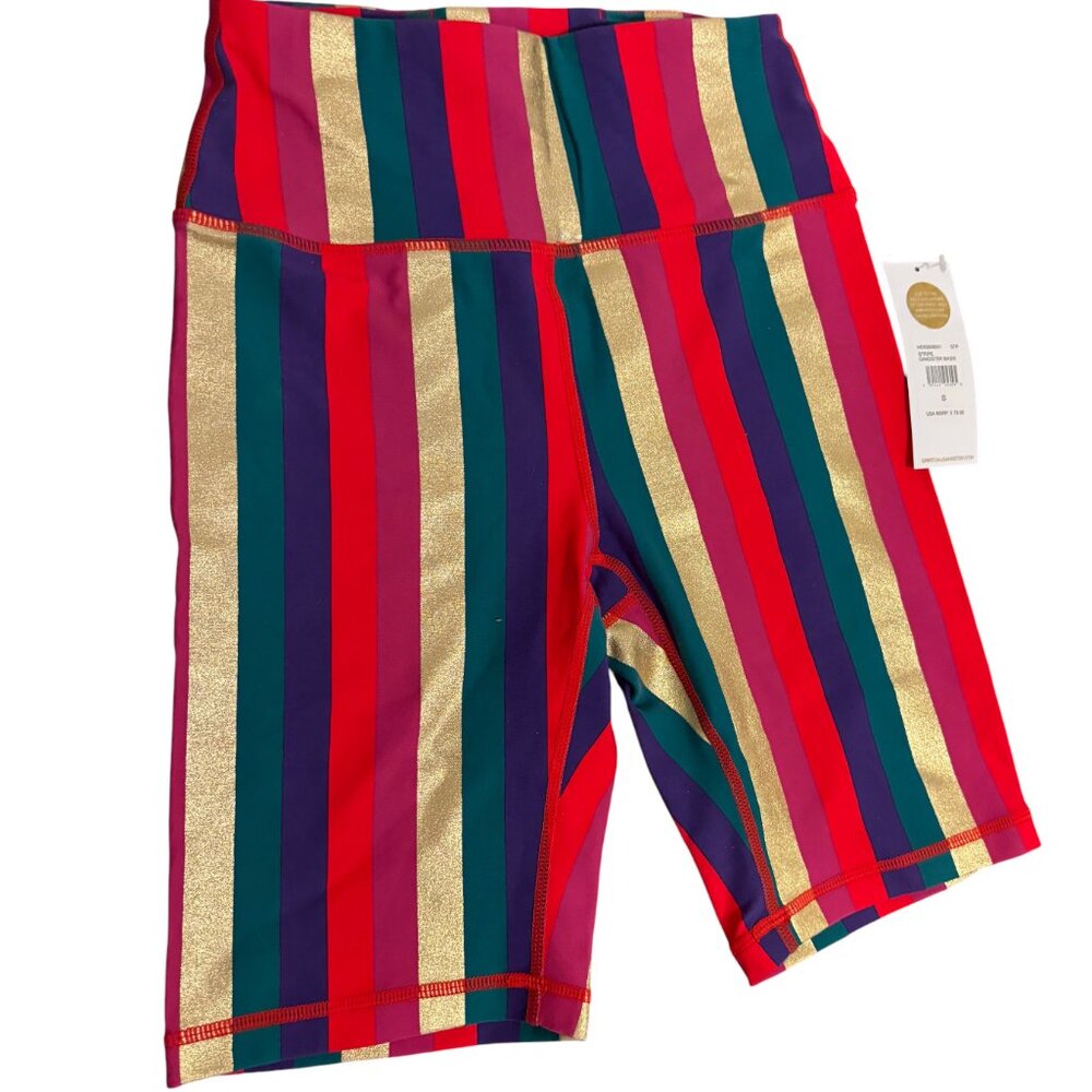Spiritual Gangster Bike Shorts Multicolor Rainbow Stripe Metallic Gold High Rise